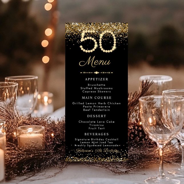 Gold Diamonds 50th Birthday Dinner Flat Menu Menükarte (Gold Diamonds 50th Birthday menu card)