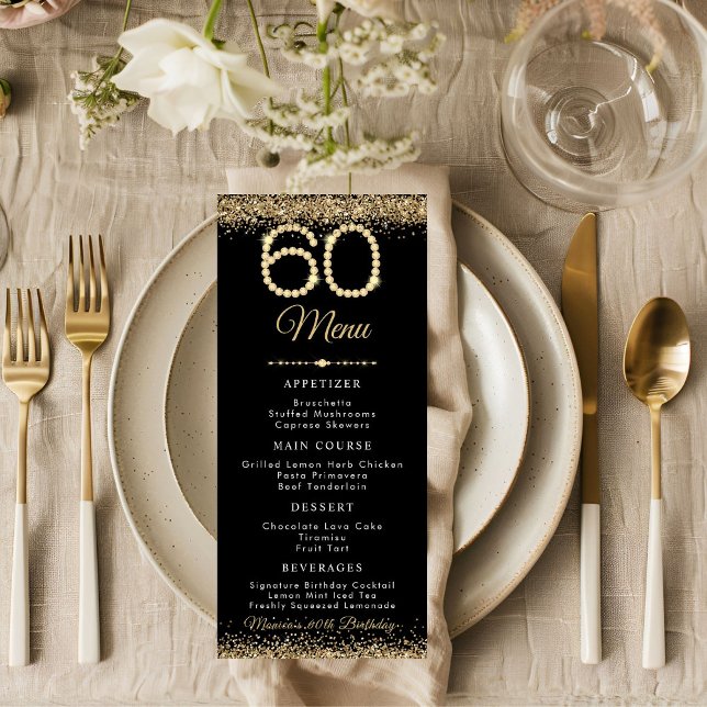 Gold Diamonds 60th Birthday Dinner Flat Menu Menükarte (Gold Diamonds 60th Birthday Party menu card)