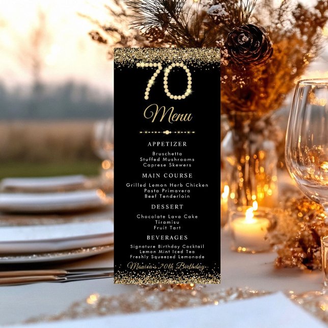 Gold Diamonds 60th Birthday Dinner Flat Menu Menükarte (Gold Diamonds 70th Birthday Dinner menu card)