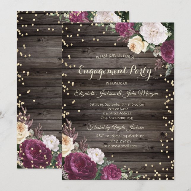 Gold Diamonds Burgundy Blume Wood Einladung (Vorne/Hinten)