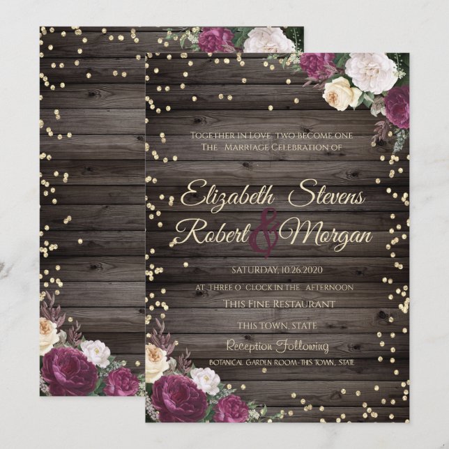 Gold Diamonds Burgundy Blume Wood Einladung (Vorne/Hinten)