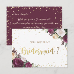 Gold Diamonds Burgundy Floral Bridesmaid Card Einladung