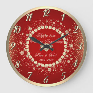 Gold Diamonds Dots Red 25th Wedding Anniversary Große Wanduhr