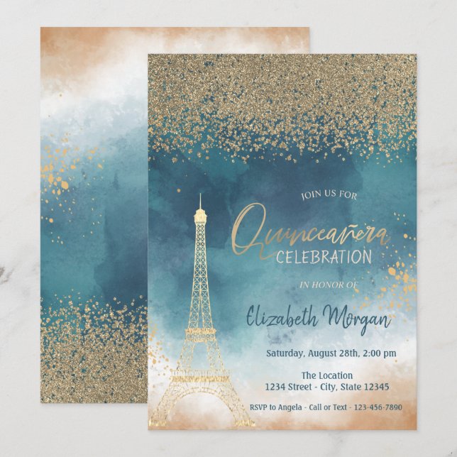 Gold Diamonds, Eiffelturm Paint Splash, Quinceaner Einladung (Vorne/Hinten)