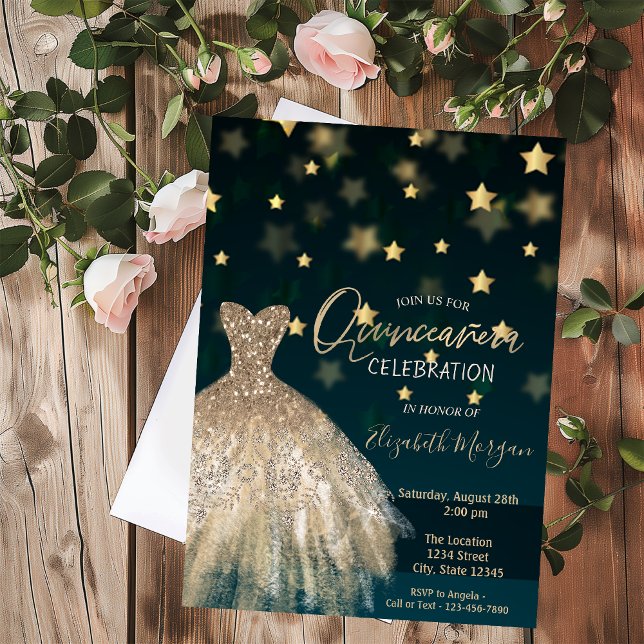 Gold Diamonds, elegante Dressstars Quinceañera Einladung (Von Creator hochgeladen)