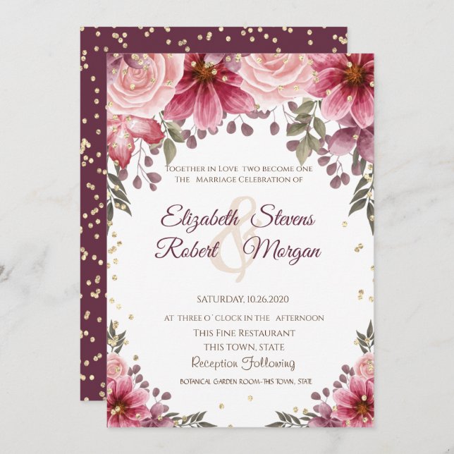 Gold Diamonds Floral Burgundy Hochzeitseinladung Einladung