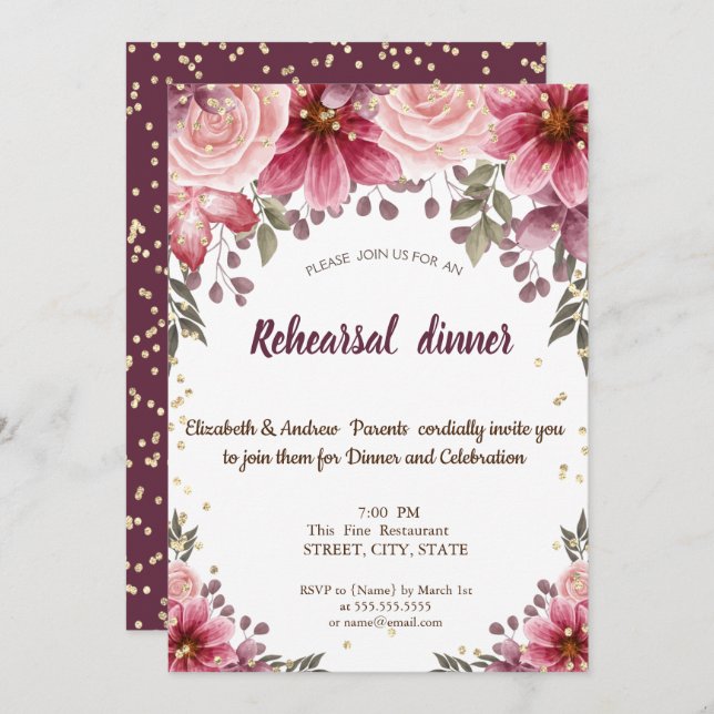 Gold Diamonds Floral Burgundy Probe Dinner Einladung (Vorne/Hinten)