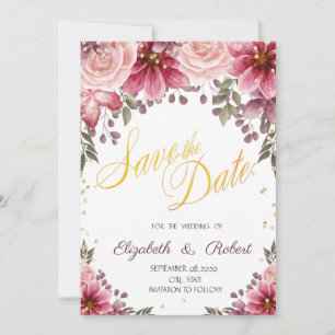 Gold Diamonds Floral Burgundy Save the Date