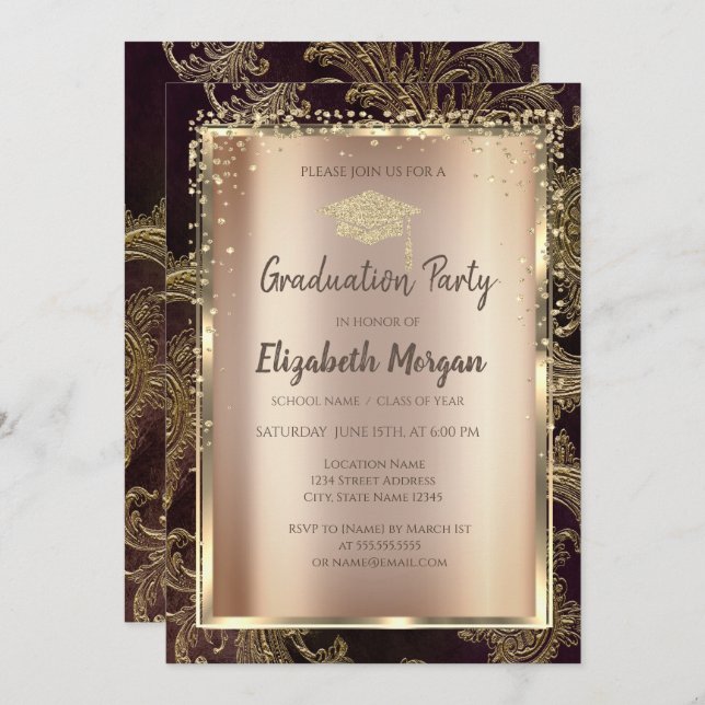 Gold Diamonds Floral Damask Abschluss Einladung (Vorne/Hinten)