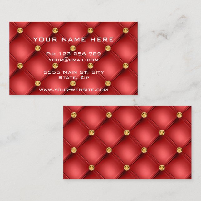 Gold Diamonds Tufted Leather Red Business Card Visitenkarte (Vorne/Hinten)
