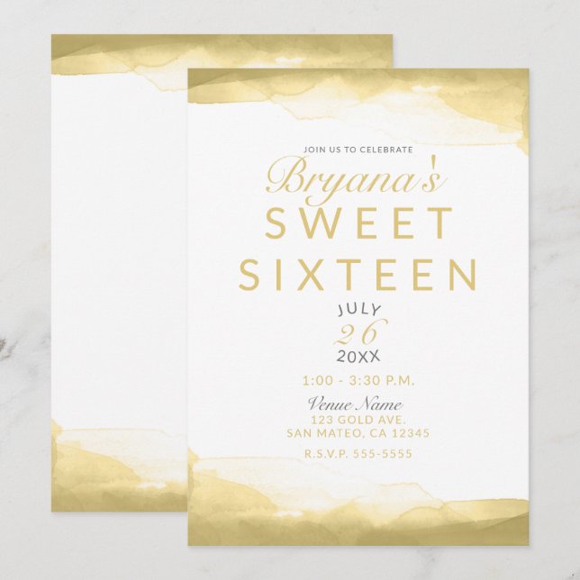 Gold Dijon Mustard Watercolor Modern Chic Sweet 16 Einladung (Vorne/Hinten)