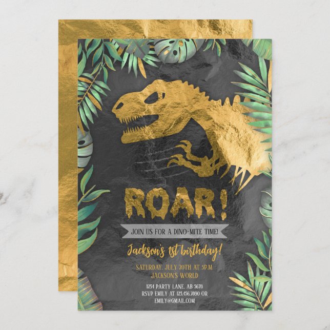 Gold Dinosaur Roar Birthday Einladung (Vorne/Hinten)