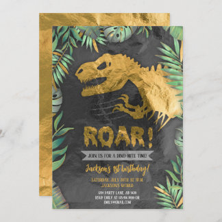 Gold Dinosaur Roar Birthday Einladung