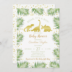 Gold Dinosaur Tropical Greenery Baby Dusche Einladung