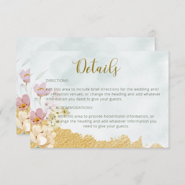 Gold Dipped Floral Wedding Details Card RSVP Karte (Vorne/Hinten)