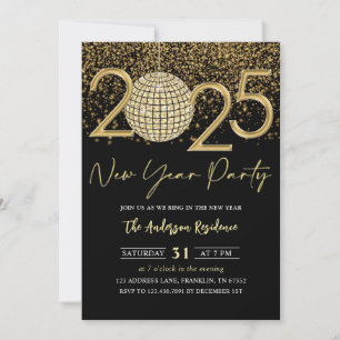 Gold Disco Ball Cheers Silvester Party 2025 Einladung