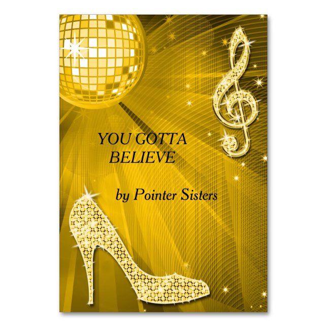 Gold Disco Ball und Stiletto Shoe Doppelseitig Tischnummer (Vorderseite)