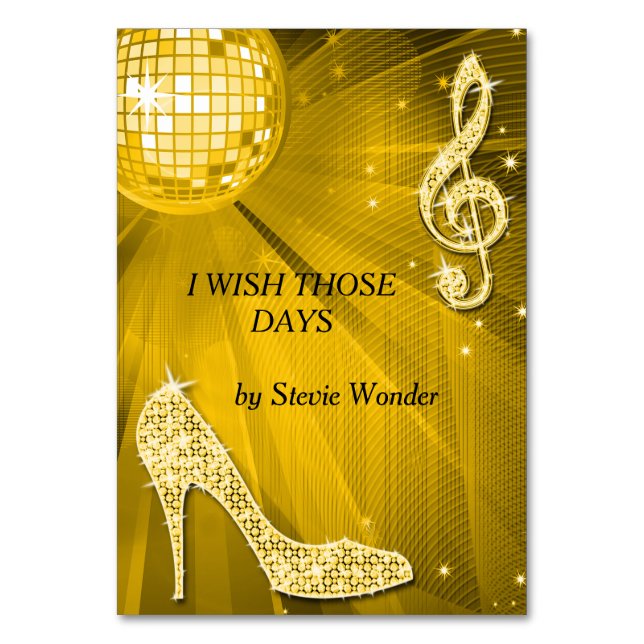 Gold Disco Ball und Stiletto Shoe Doppelseitig Tischnummer (Rückseite)