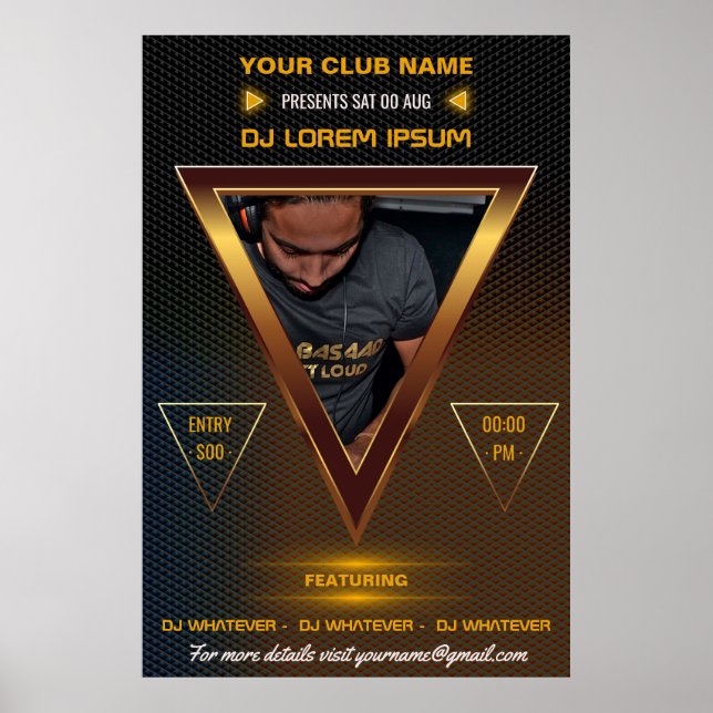 Gold DJ Music and Dance Gig Foto und Logo hinzufüg Poster (Vorne)
