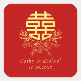 Gold Doppelglückskreis Blume Kranz Chinesen Quadratischer Aufkleber
