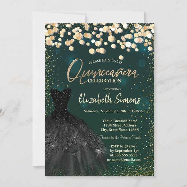 Gold  Dots,Black Dress Green Quinceañera Einladung (Vorderseite)