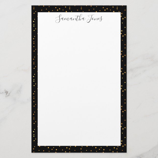 Gold Dots Black Pattern Metallic | PERSONALISIERT Briefpapier (Vorderseite)