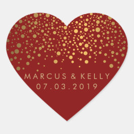 Gold Dots Confetti auf Maroon | Hochzeit Herz-Aufkleber