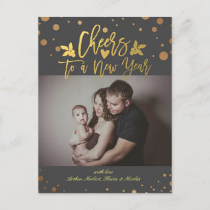 Gold Dots jubeln zu Silvester Script Holiday Foto Feiertagspostkarte