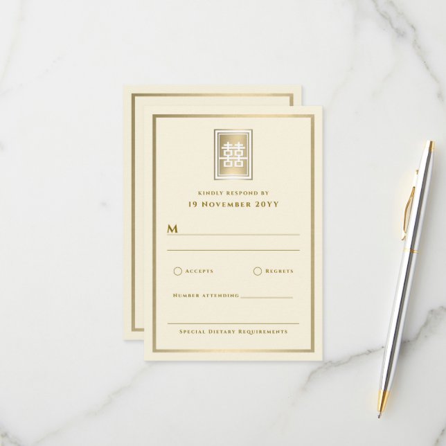Gold Double Happiness Elegante chinesische Hochzei RSVP Karte (Vorderseite/Rückseite Beispiel)