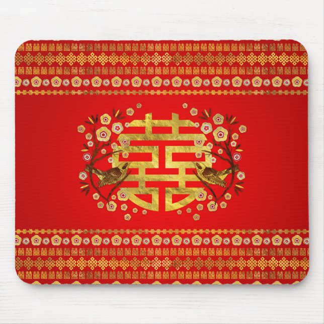 Gold Double Happy Symbol mit Blume und Vogel Mousepad (Vorne)