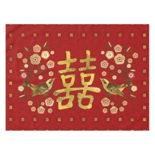 Gold Double Happy Symbol mit Blume und Vogel Tischdecke