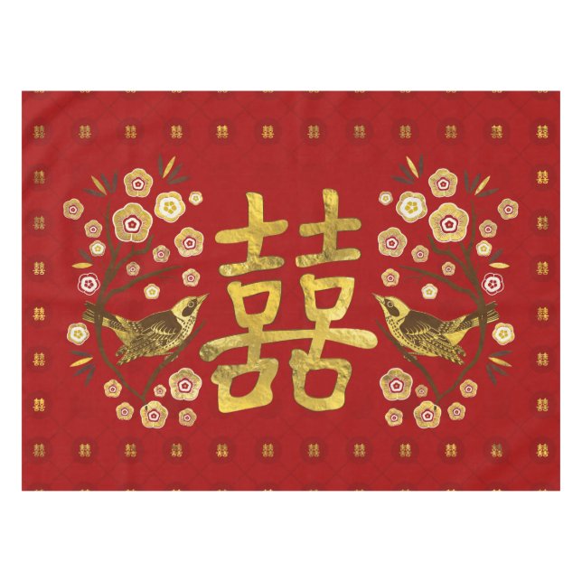 Gold Double Happy Symbol mit Blume und Vogel Tischdecke (Vorderseite (Horizontal))