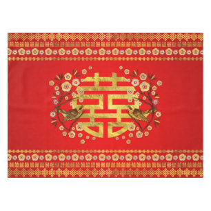 Gold Double Happy Symbol mit Blume und Vogel Tischdecke