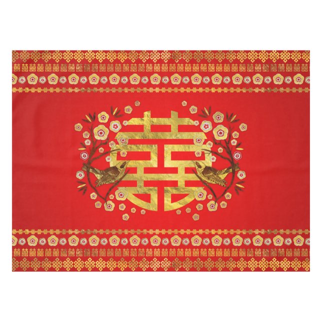 Gold Double Happy Symbol mit Blume und Vogel Tischdecke (Vorderseite (Horizontal))