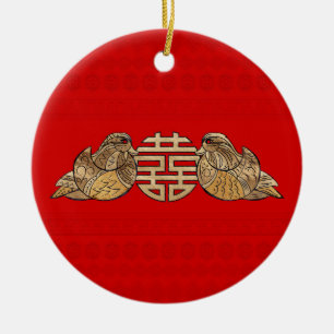 Gold Double Happy Symbol mit Mandarin Ducks Keramik Ornament