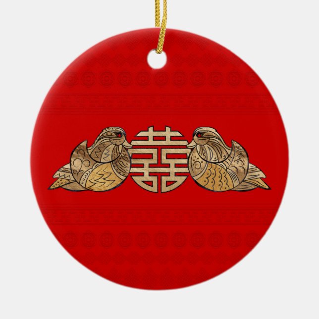 Gold Double Happy Symbol mit Mandarin Ducks Keramik Ornament (Vorne)