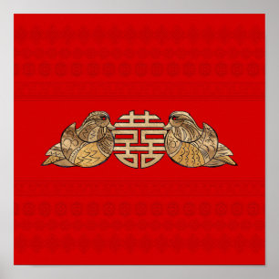Gold Double Happy Symbol mit Mandarin Ducks Poster