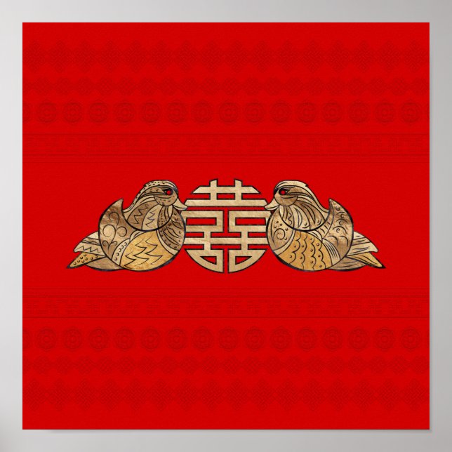 Gold Double Happy Symbol mit Mandarin Ducks Poster (Vorne)