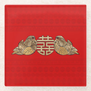 Gold Double Happy Symbol mit Mandarin Enten Glasuntersetzer