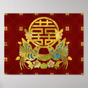 Gold Double Happy Symbol mit Vögeln Poster