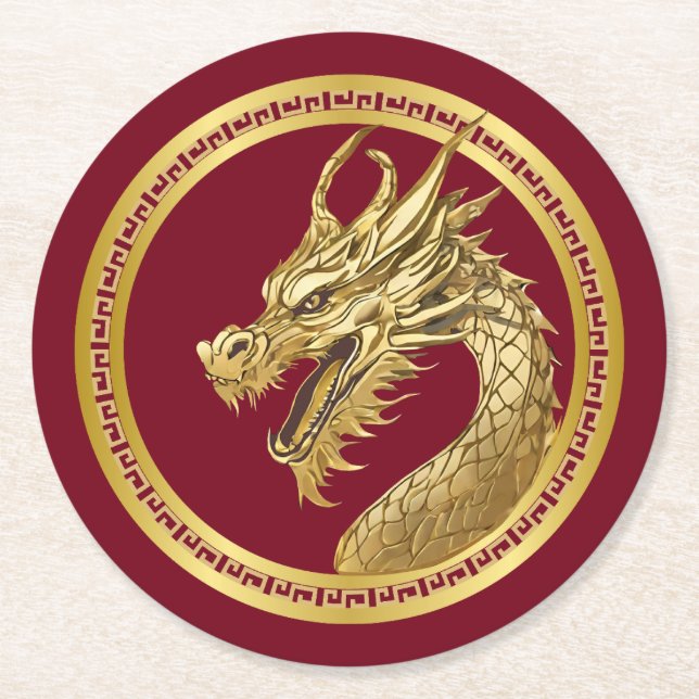 Gold Dragon-2024 Chinesisch New Years-Red und Gold Runder Pappuntersetzer (Vorderseite)