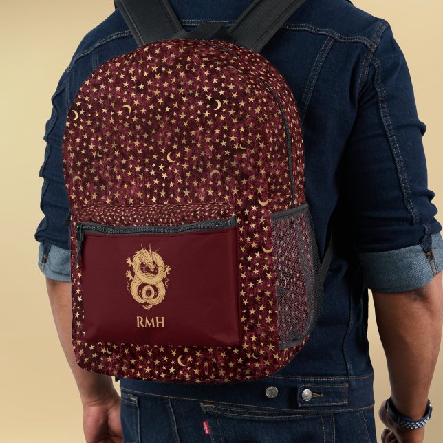 Gold Dragon on Burgundy with Stars Moon Monogram  Bedruckter Rucksack (Von Creator hochgeladen)