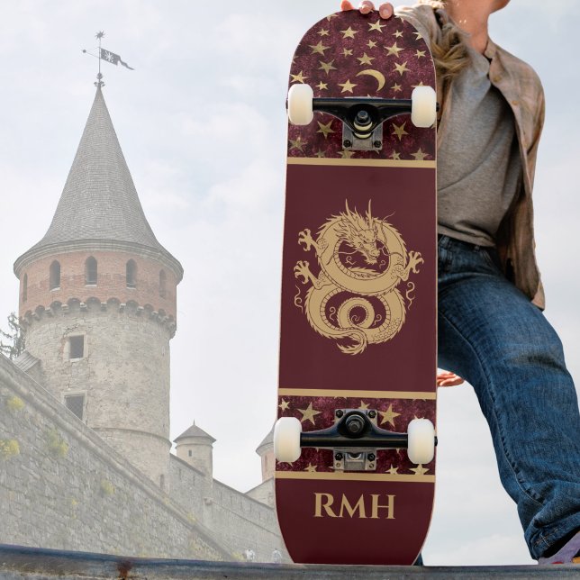 Gold Dragon on Burgundy with Stars Moon Monogram  Skateboard (Von Creator hochgeladen)