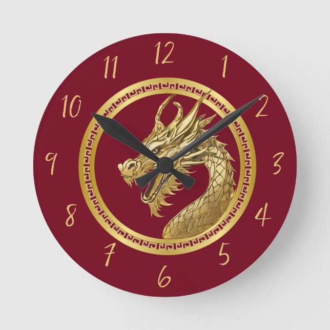 Gold Dragon-Red- Runde Wanduhr (Vorderseite)