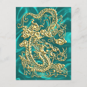 Gold Dragon Turquoise Satin Lush Gold Card Postkarte