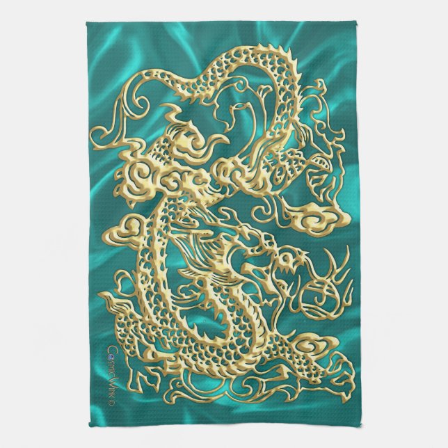 Gold Dragon Turquoise Satin Lush Küchentuch (Vertikal)