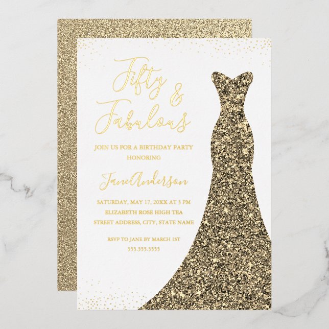 Gold Dress 50 & Fabulous Birthday Foil Folieneinladung (Vorderseite/Rückseite)