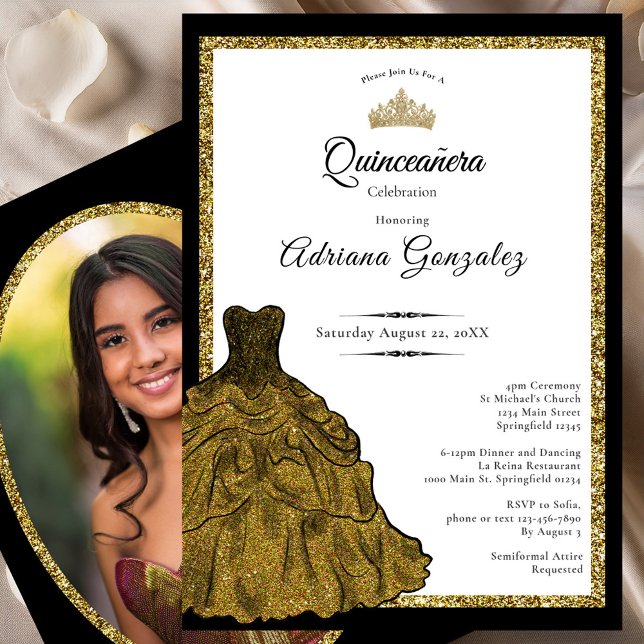 Gold Dress and Tiara Custom Photo Quinceanera Einladung (Von Creator hochgeladen)