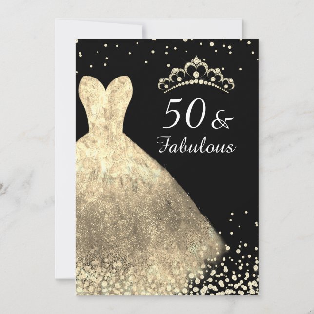 Gold Dress & Black 50 & Fabulous 50. Geburtstag Einladung (Vorderseite)
