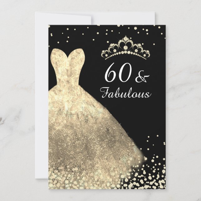 Gold Dress & Black 60 & Fabulous 60. Geburtstag Einladung (Vorderseite)